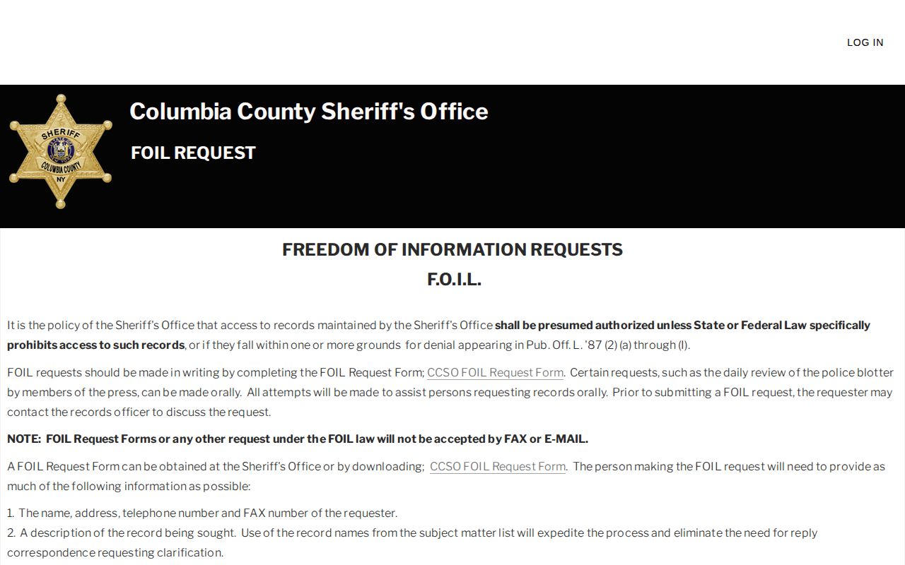 Columbia County booking-record FOIL instructions